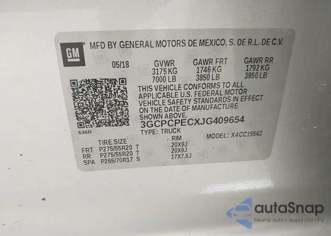 2018 Chevrolet Silverado 1500 Custom z USA, uszkodzony, nr VIN 3GCPCPECXJG409654